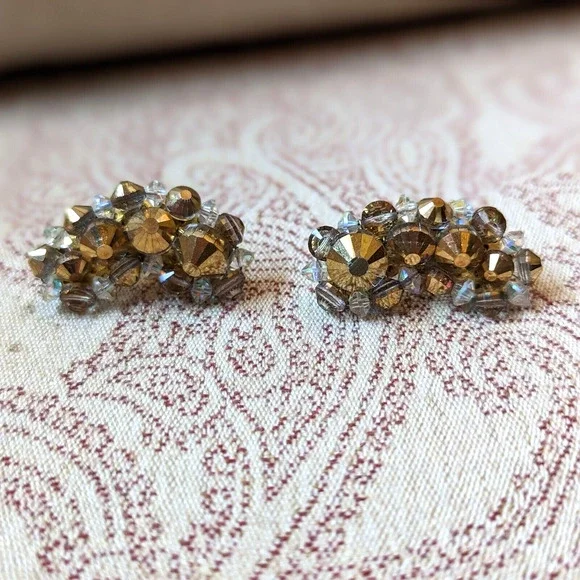 Hobe Gold Beaded AB Aurora Borealis Crystal Crescent Earrings Signed Vintage - Picture 5 of 10